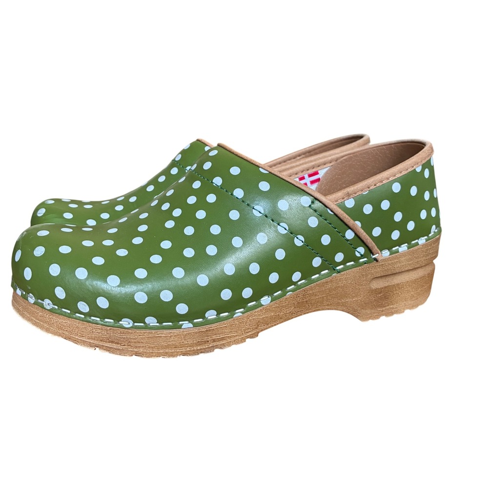 Sanita Professional Danish Clogs Women Size 39 US 8.5 Green Polka Dot Handmade